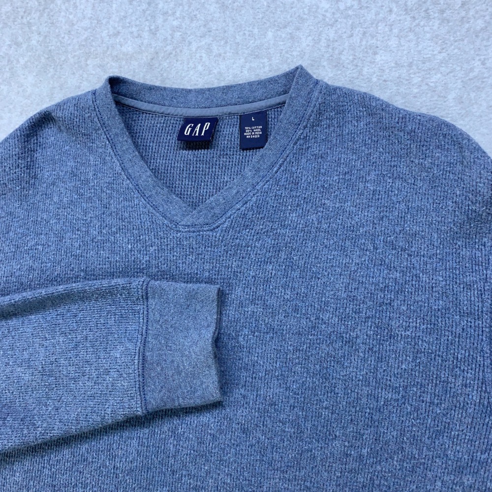 GAP V-Neck Sweater Mens Large Blue Cotton Wool Blend Waffle Knit Long Sleeve
